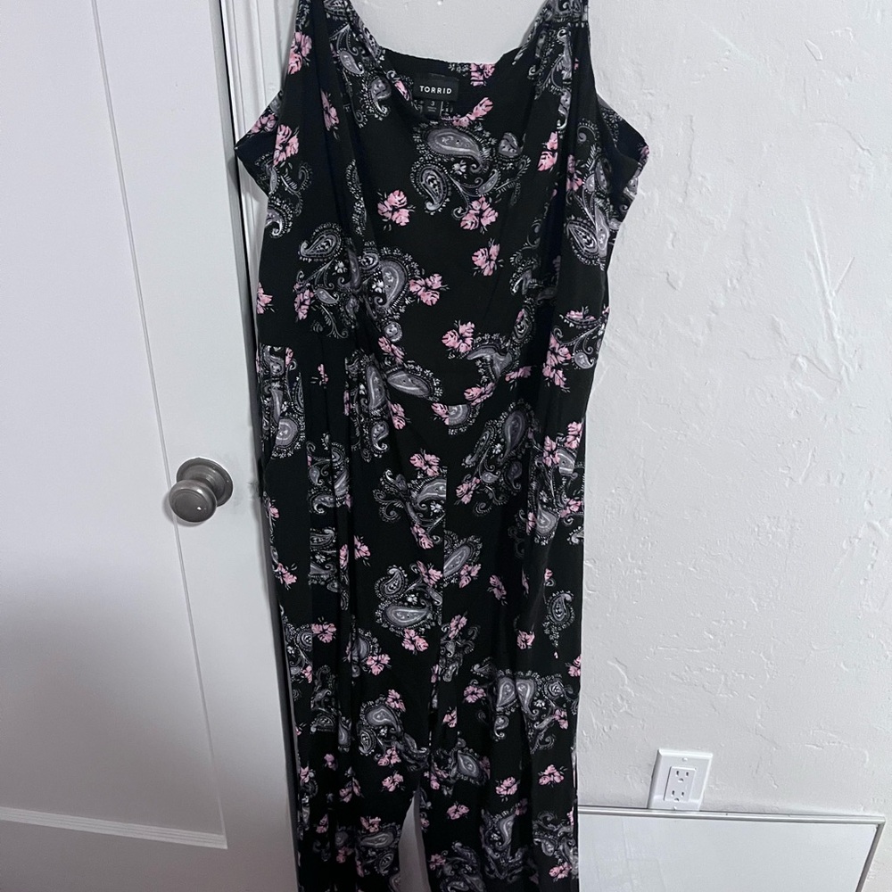 Torrid Black Jumpsuit with Pink Floral Paisley